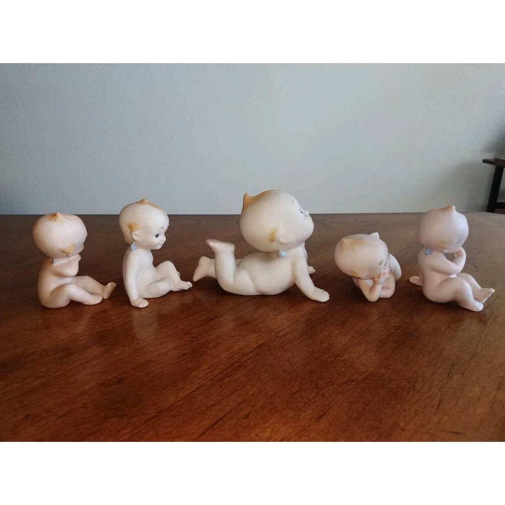 5x Vintage Lefton? Bisque Rose O'Neill Kewpie Doll Blue Wings 4 Mini + 1 Bigger